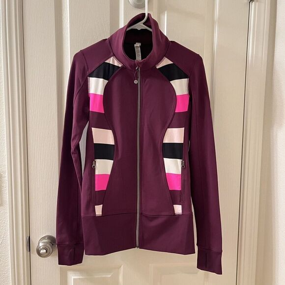 Lululemon Nice Asana Jacket Full Zip Plum Pow Stripe Raspberry Glo Light Size 6 - Picture 1 of 15